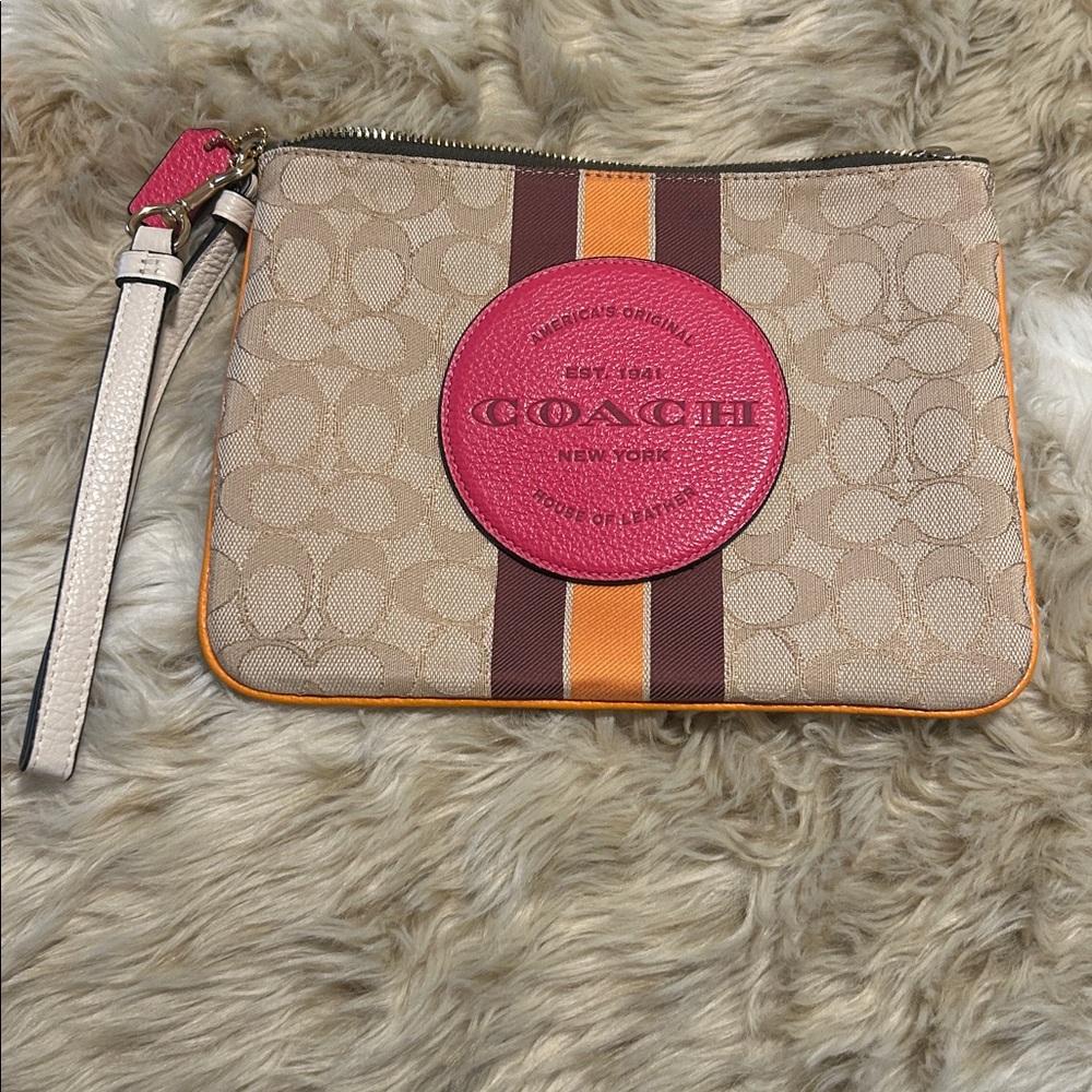 Coach Beige Wristlet with Pink and Orange Accents